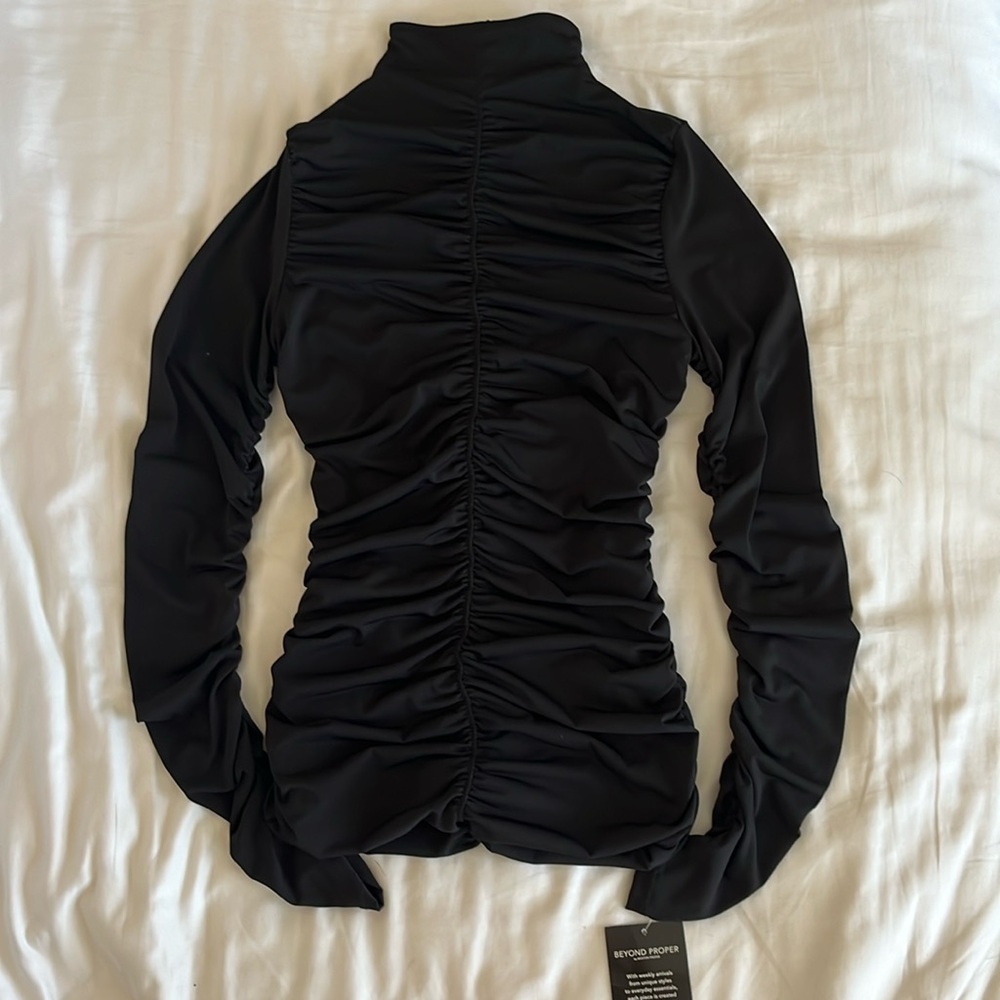 NWT - Boston Proper scrunched short long sleeve black dress